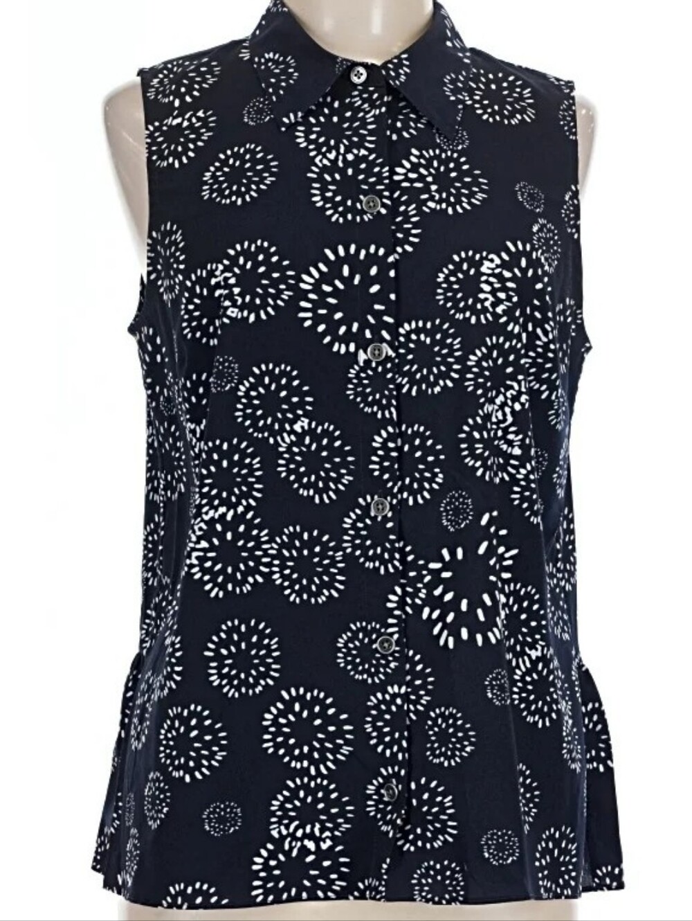 CAbi Sleeveless Navy Button-Front Collared Top with White Burst Print